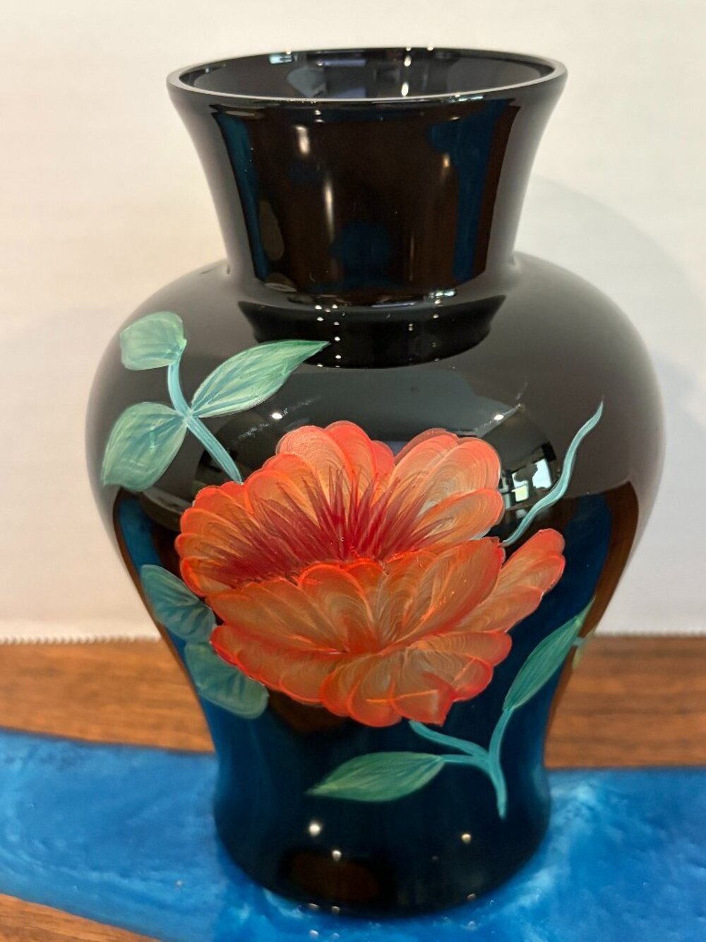 Pilgrim Glass Black Amethyst Handpainted Peony Poppy Flower 6" Vase with Label